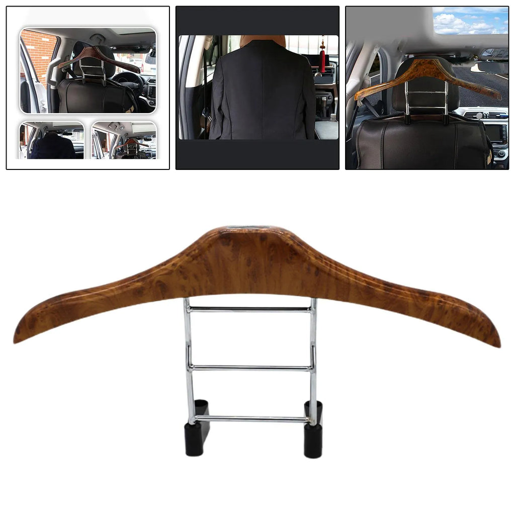 Stainless steel car clothes hanger with wood yellow finish hanging over car seat