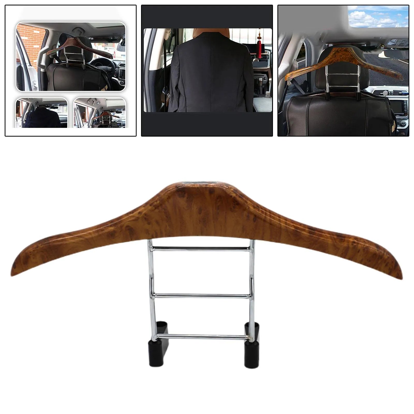 Stainless steel car clothes hanger with wood yellow finish hanging over car seat
