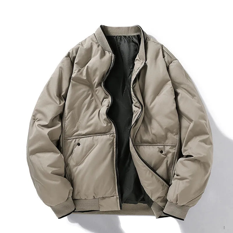Loose thick cotton-padded coat with stand-up collar in neutral colours for winter warmth