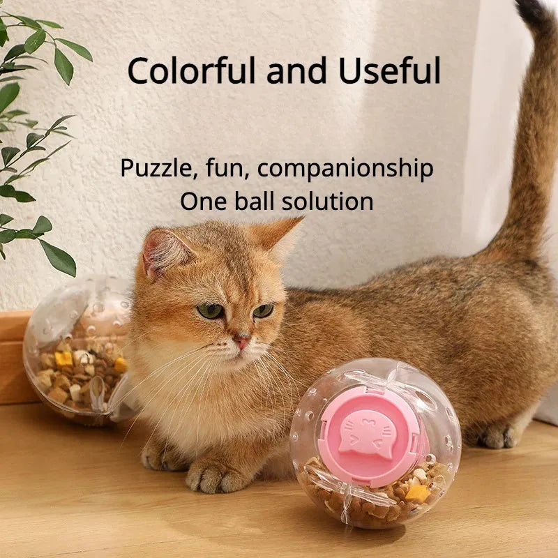 Blue slow feeding ball for cats with visible food compartment, 11.5cm diameter