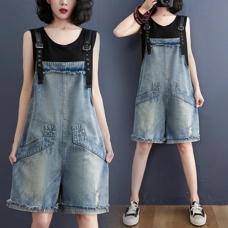 Women's denim suspenders in blue, Korean style design with adjustable straps