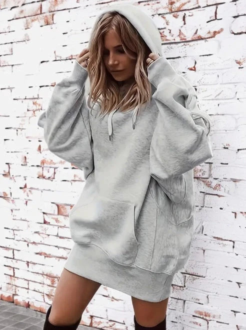 Women's casual grey hoodie with kangaroo pocket and drawstring waist