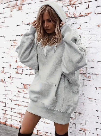 Women's casual grey hoodie with kangaroo pocket and drawstring waist