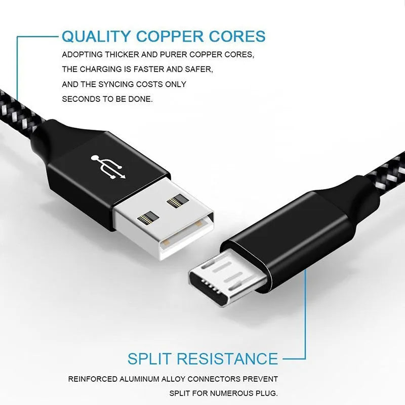 Braided Micro USB fast charging cable for Android phones in black and white colour