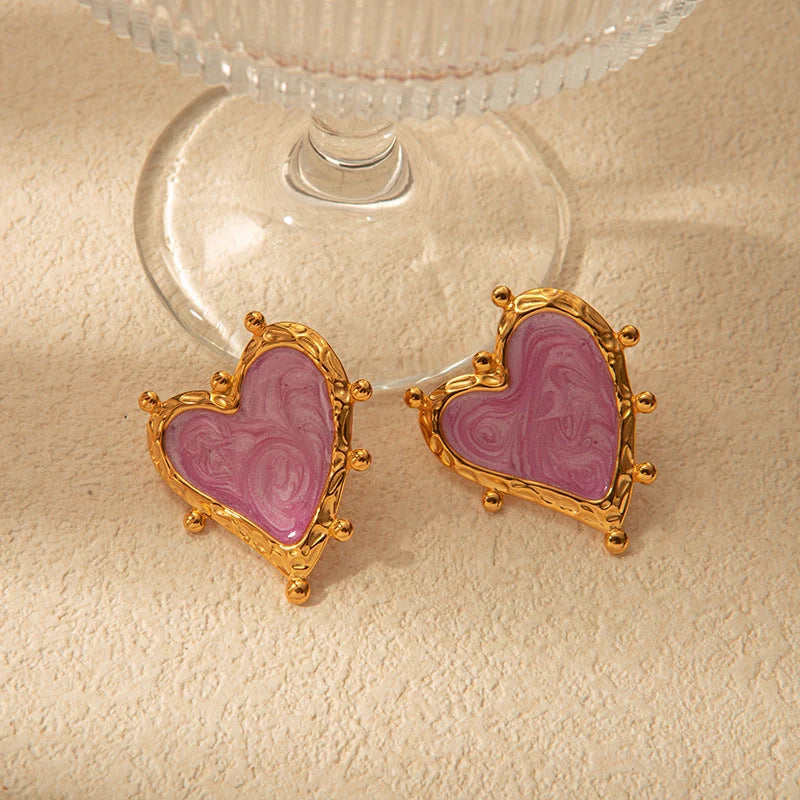 Sweet Magic Purple Love stainless steel heart ear studs in pink