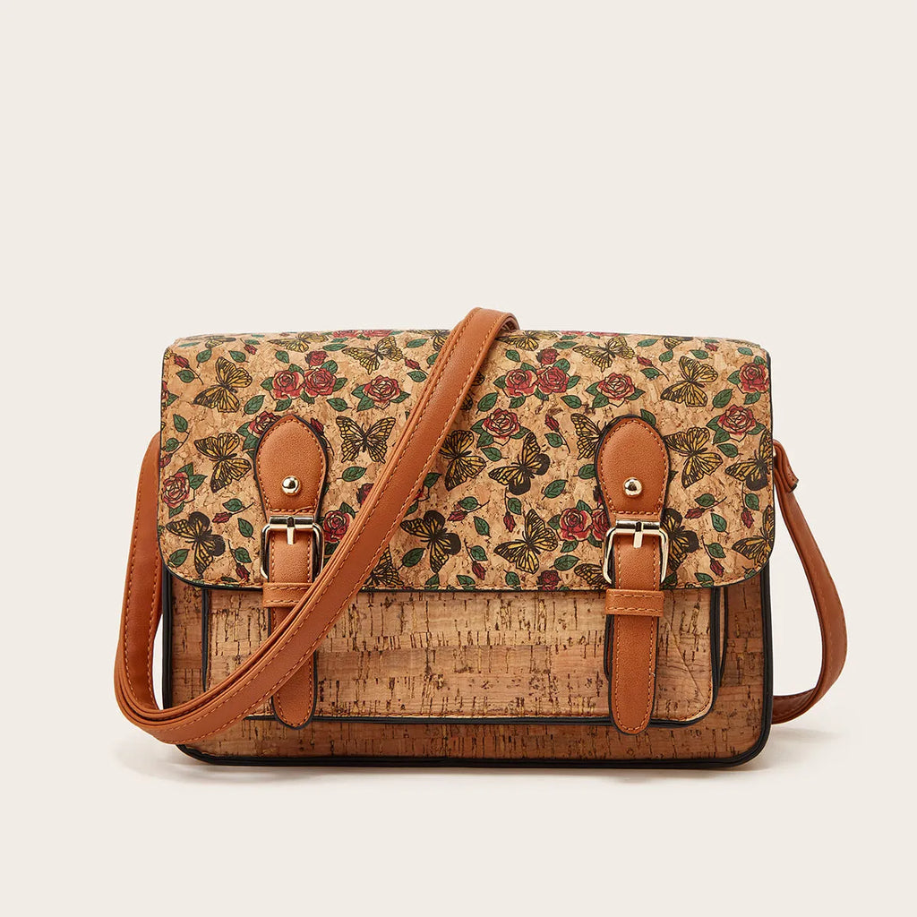 Women's printed crossbody shoulder bag in botanical design, made from medium-hardness PU material with large capacity.