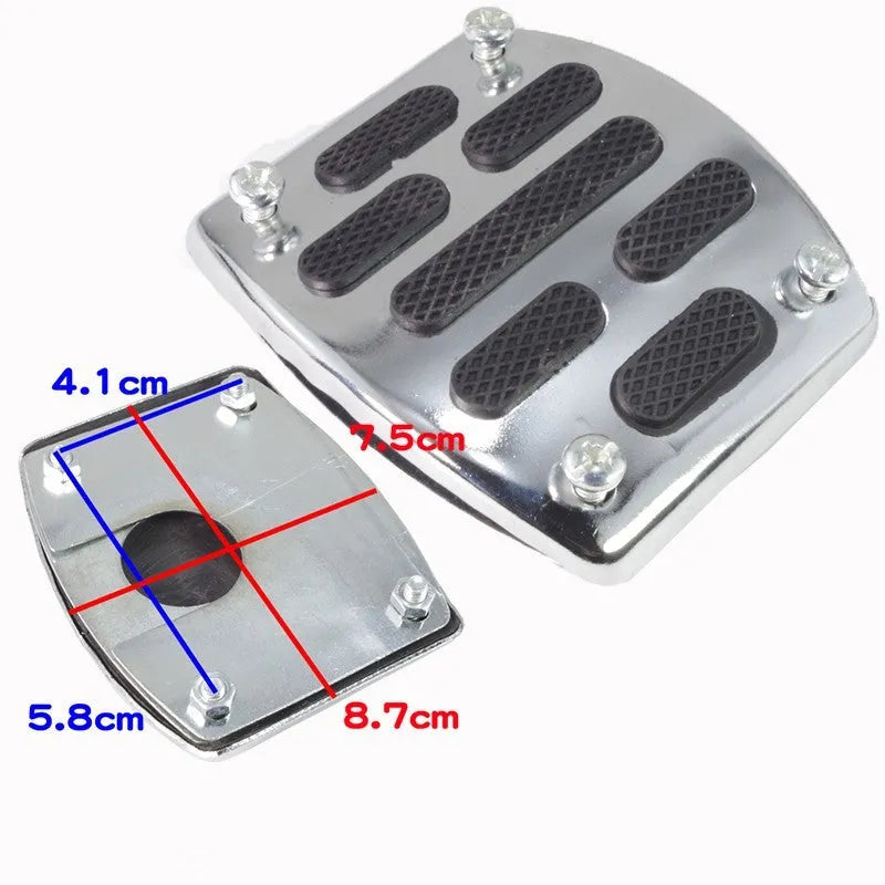 Metal motorcycle brake pedal skid plate replacement part shown from above