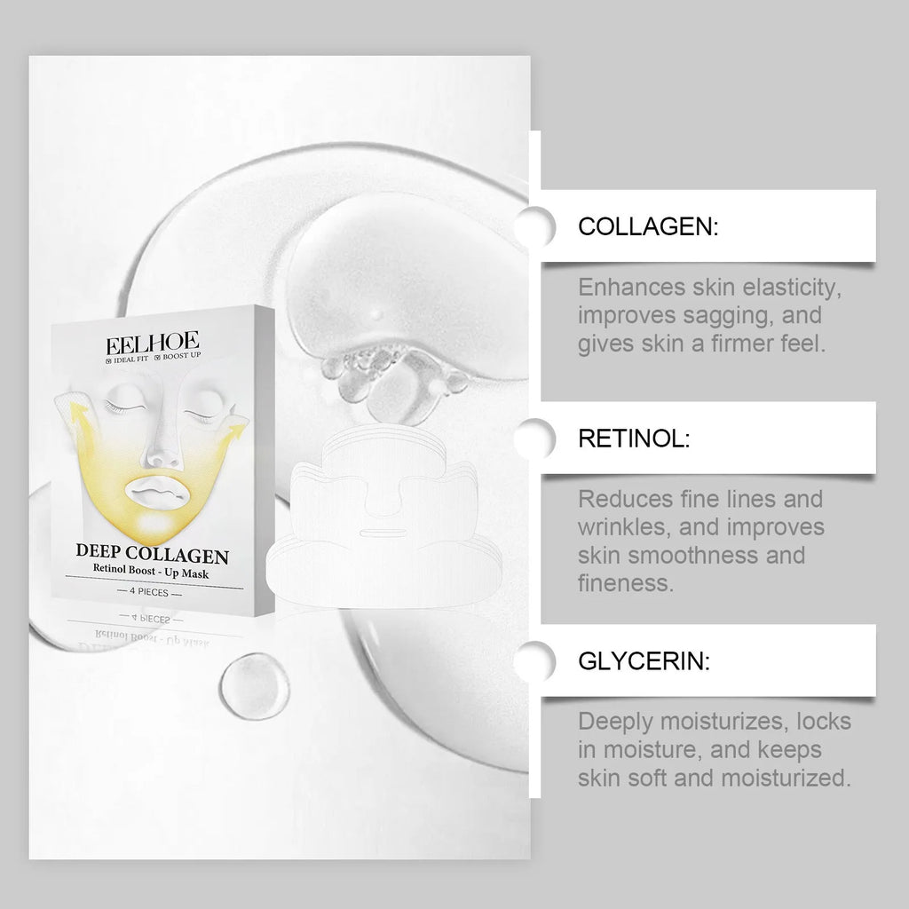 Four collagen tightening facial sheet masks laid flat.