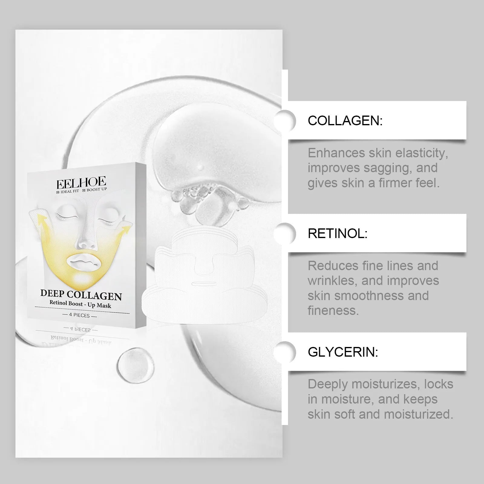 Four collagen tightening facial sheet masks laid flat.