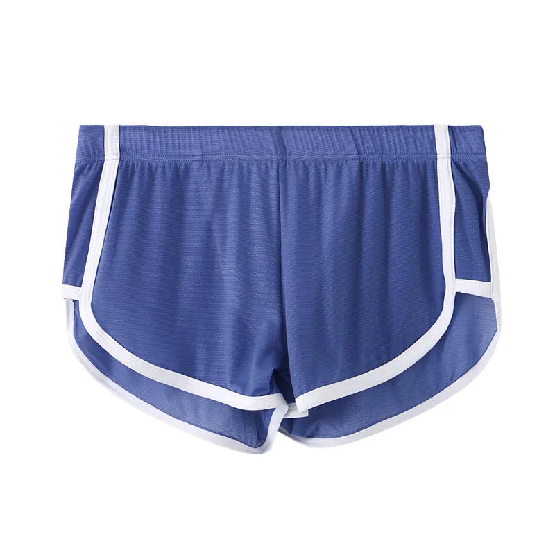 Men's ice silk mesh sports boxer briefs in black, shown laid flat to detail low waist and thin fabric.