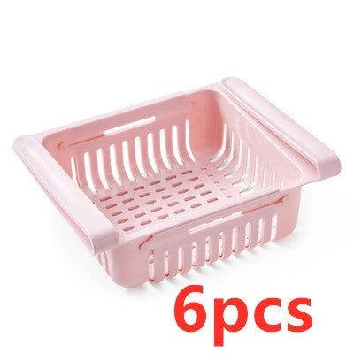 Stretchable refrigerator storage basket in white, blue, pink, and apricot colours