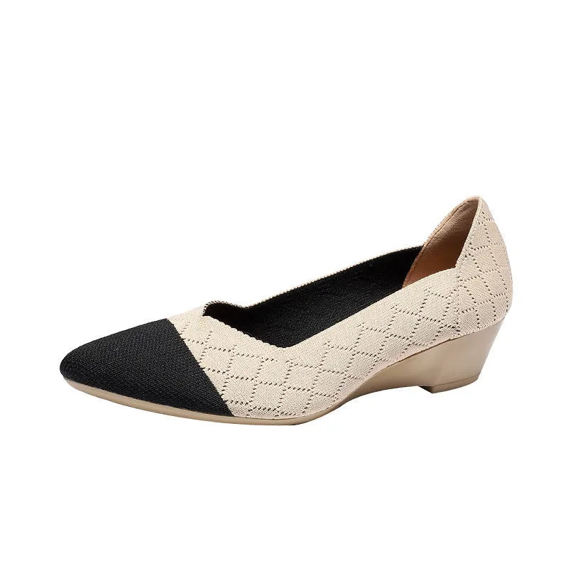Women's wedge knit casual shoes in black and white plaid with 3-5cm heel and shallow-cut vamp