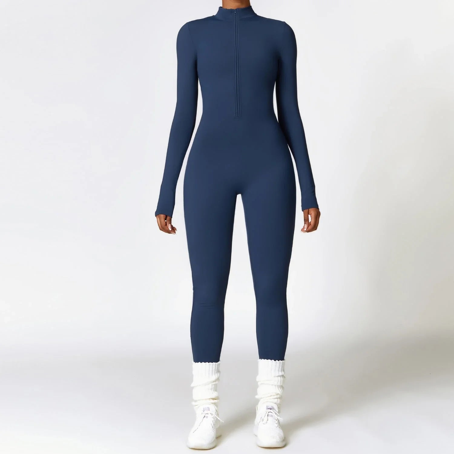 A versatile zippered athletic jumpsuit in various colors, ideal for yoga, fitness, and sports activities