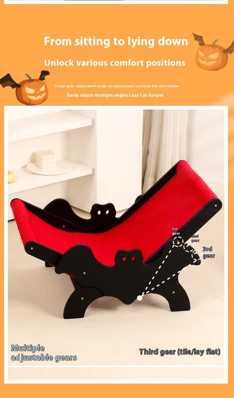 Wooden cat recliner bed with black and red Halloween colour theme