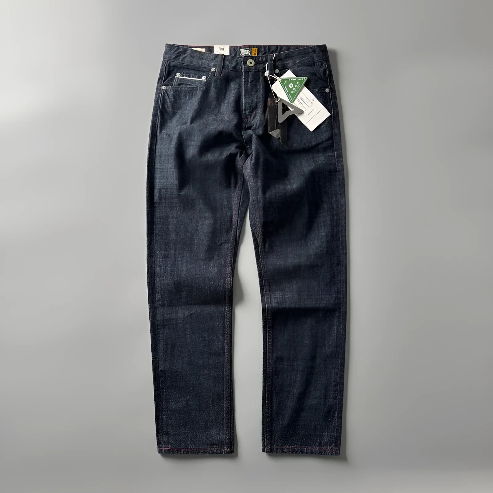 Men's straight leg denim trousers in primary colour with American retro style and mid waist fit.