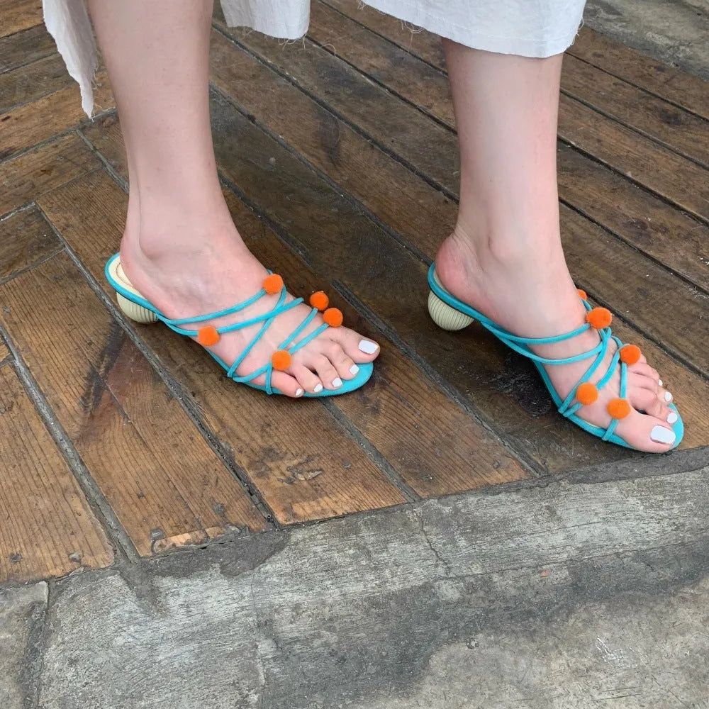 Cyan French genuine leather lace-up high-heeled sandals with niche ball detail and open toe
