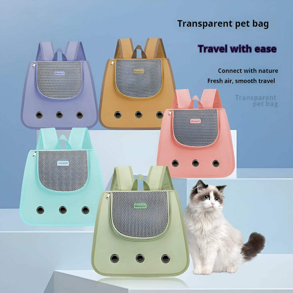 Solid colour Oxford cloth pet backpack for cats shown in light blue, worn on a person's back.