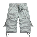 Men's cotton cargo shorts in khaki, straight cut with multiple pockets, grinding finish texture