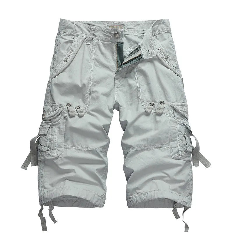 Men's cotton cargo shorts in khaki, straight cut with multiple pockets, grinding finish texture