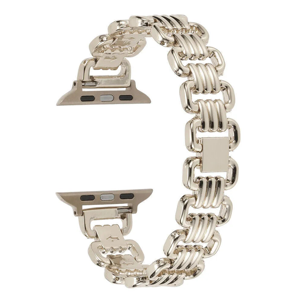Stainless steel alloy Apple Watch band in silver, black, gold, rose gold, and starlight colours.