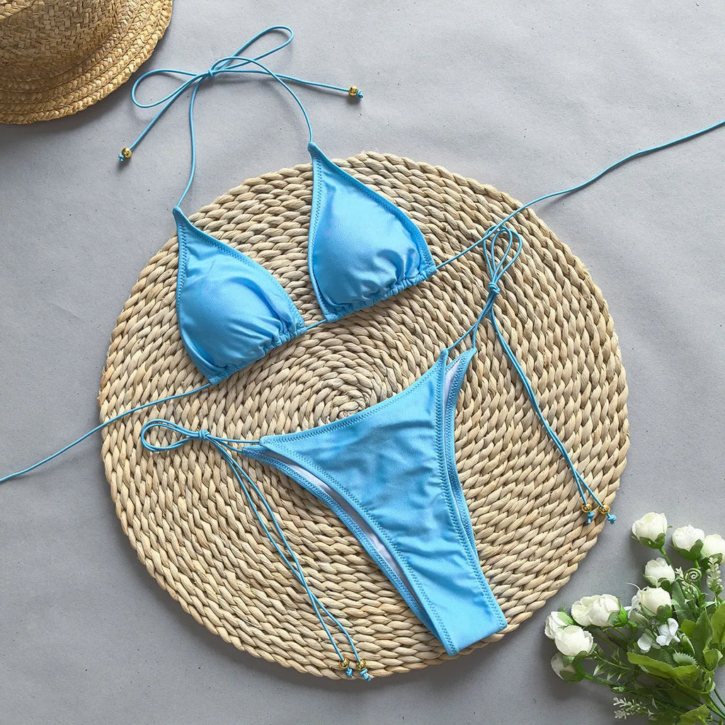 European and American sexy solid colour split bikini in beige with high elasticity nylon spandex fabric