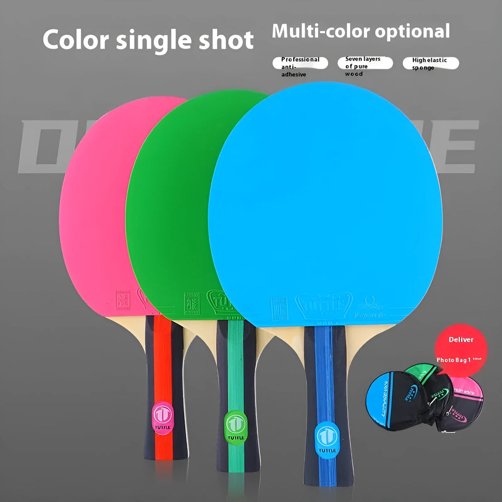 Table tennis racket with a long shakehand grip handle and matching cover, shown in pink, blue, and green colour options.