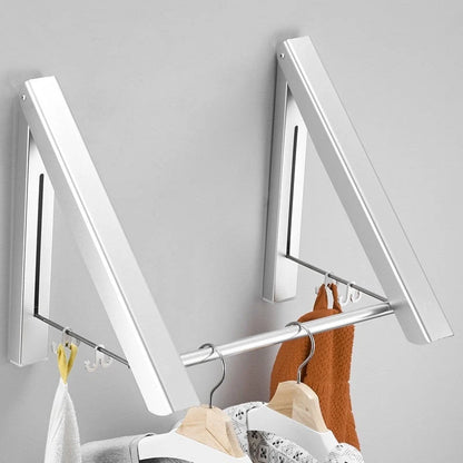 Space-saving aluminum foldable wall hanger in silver and black, perfect for hanging clothes and towels