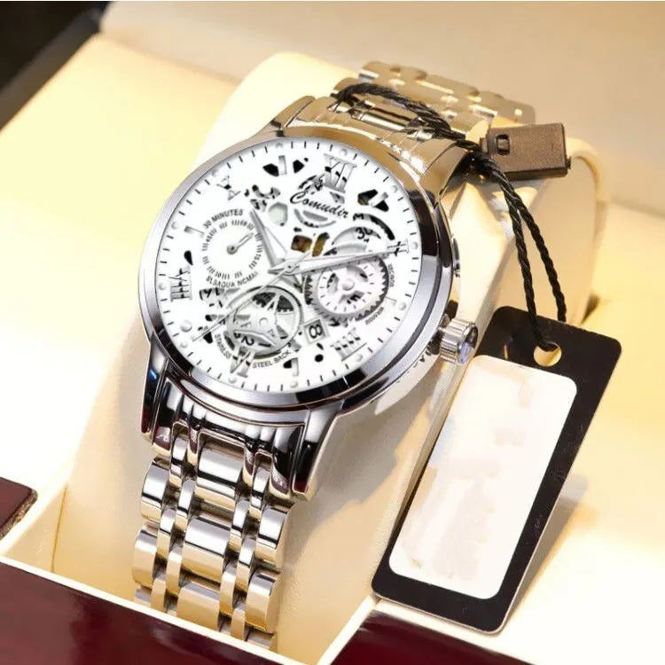 Fashion jewelry hollow men's watch with waterproof luminous calendar display in black steel black surface colour