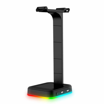 Sleek RGB headphone stand with power strip and charging ports for organized and customizable gaming setup