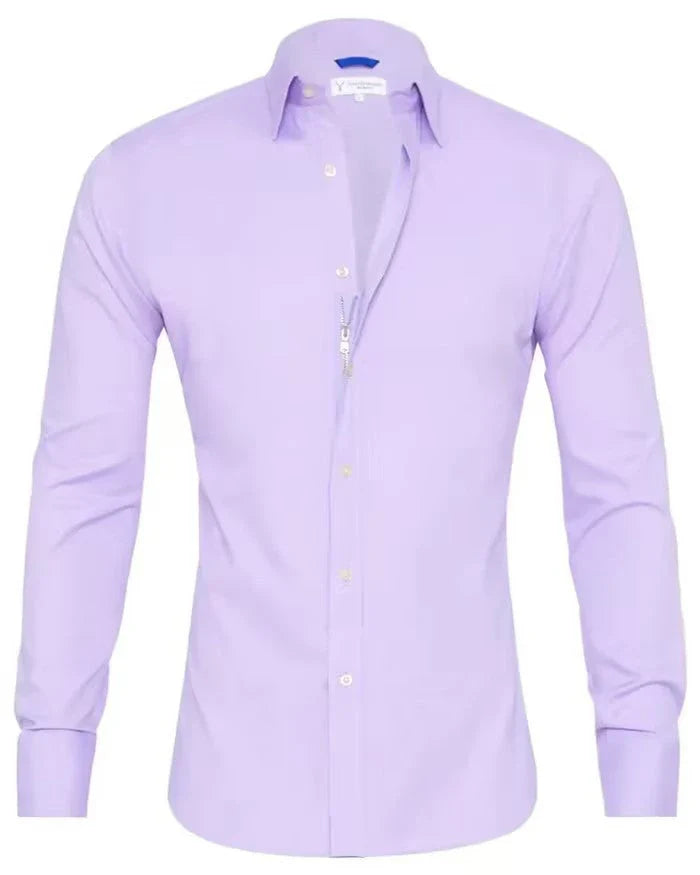 A stylish long sleeve zipper shirt with a button-accented lapel design, made of breathable cotton fabric for men.