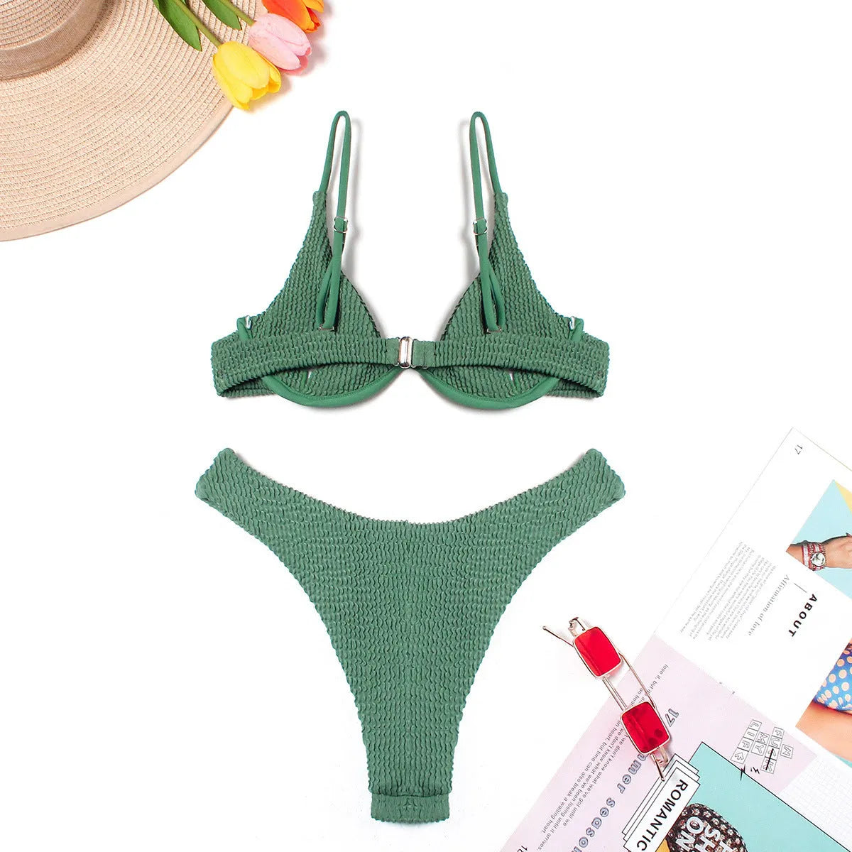Women's green bikini suit with ruffle split detail on quick-drying polyester fabric