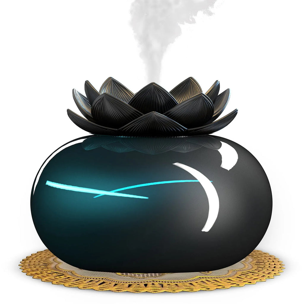 Pure black Lotus aromatherapy humidifier with ceramic diffuser bowl and USB power connection