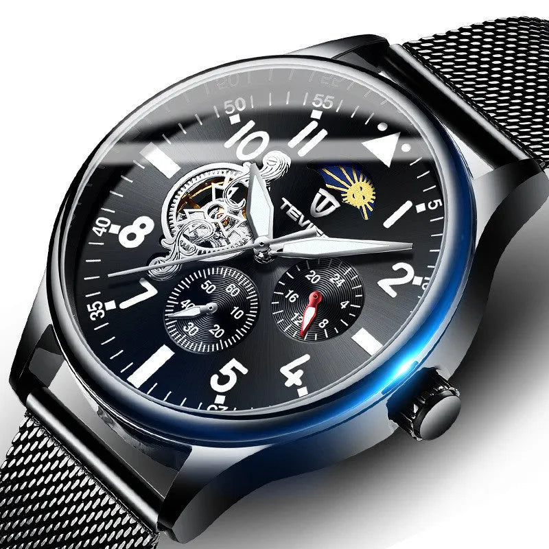 Black men's mechanical watch with moon phase display and luminous hands on alloy case