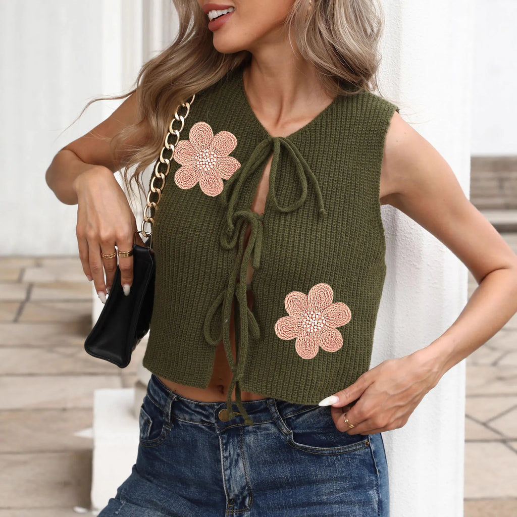 Women's sleeveless lace-up bow tie vest cardigan in deer plush fabric with floral pattern