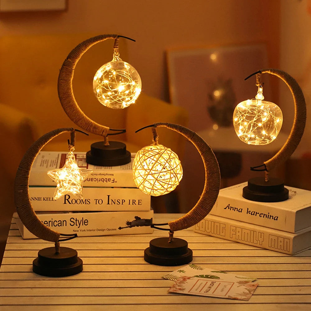 Moon Light LED Copper Wire Lamp with star and apple glass pendants