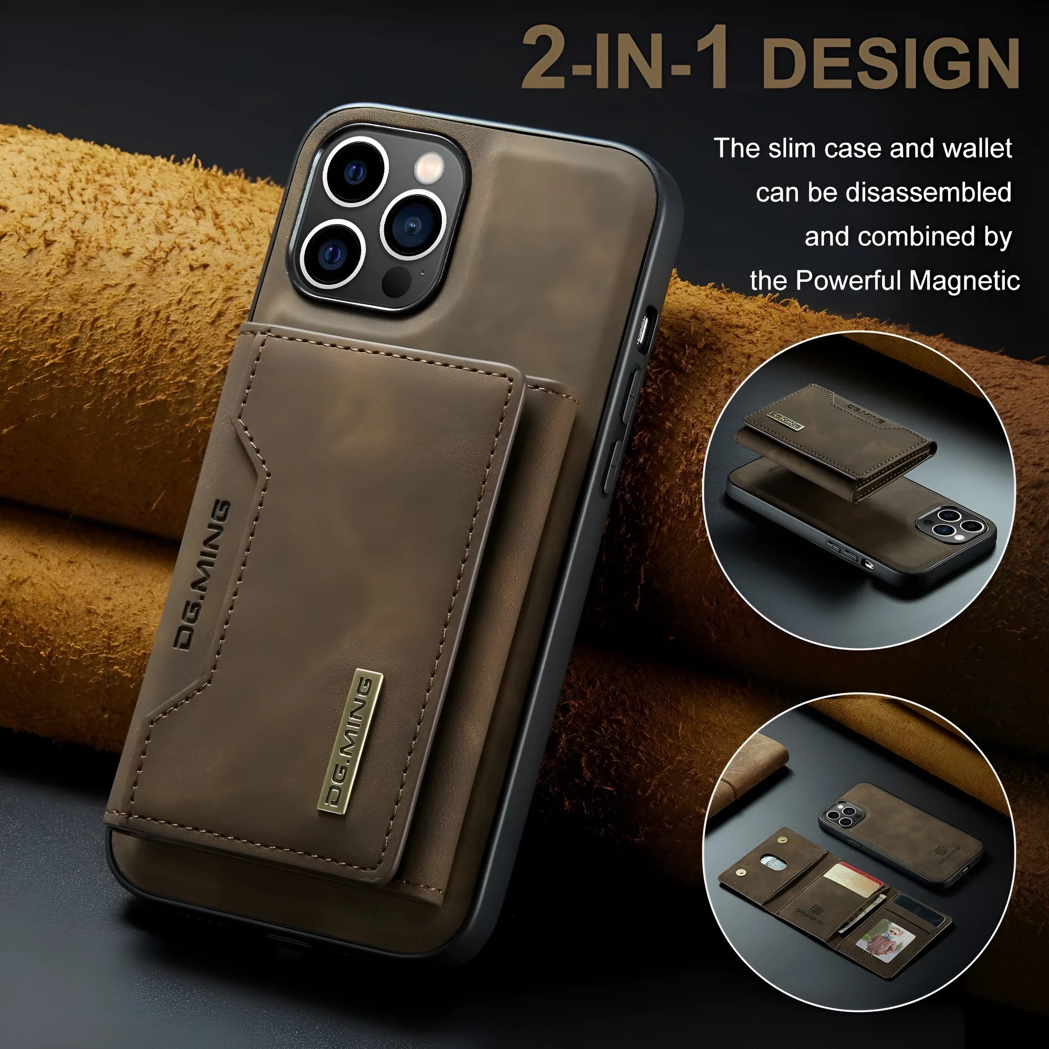 Magnetic card holder split phone case for iPhone in retro PU leather, black colour, with card slot and magnetic attachment