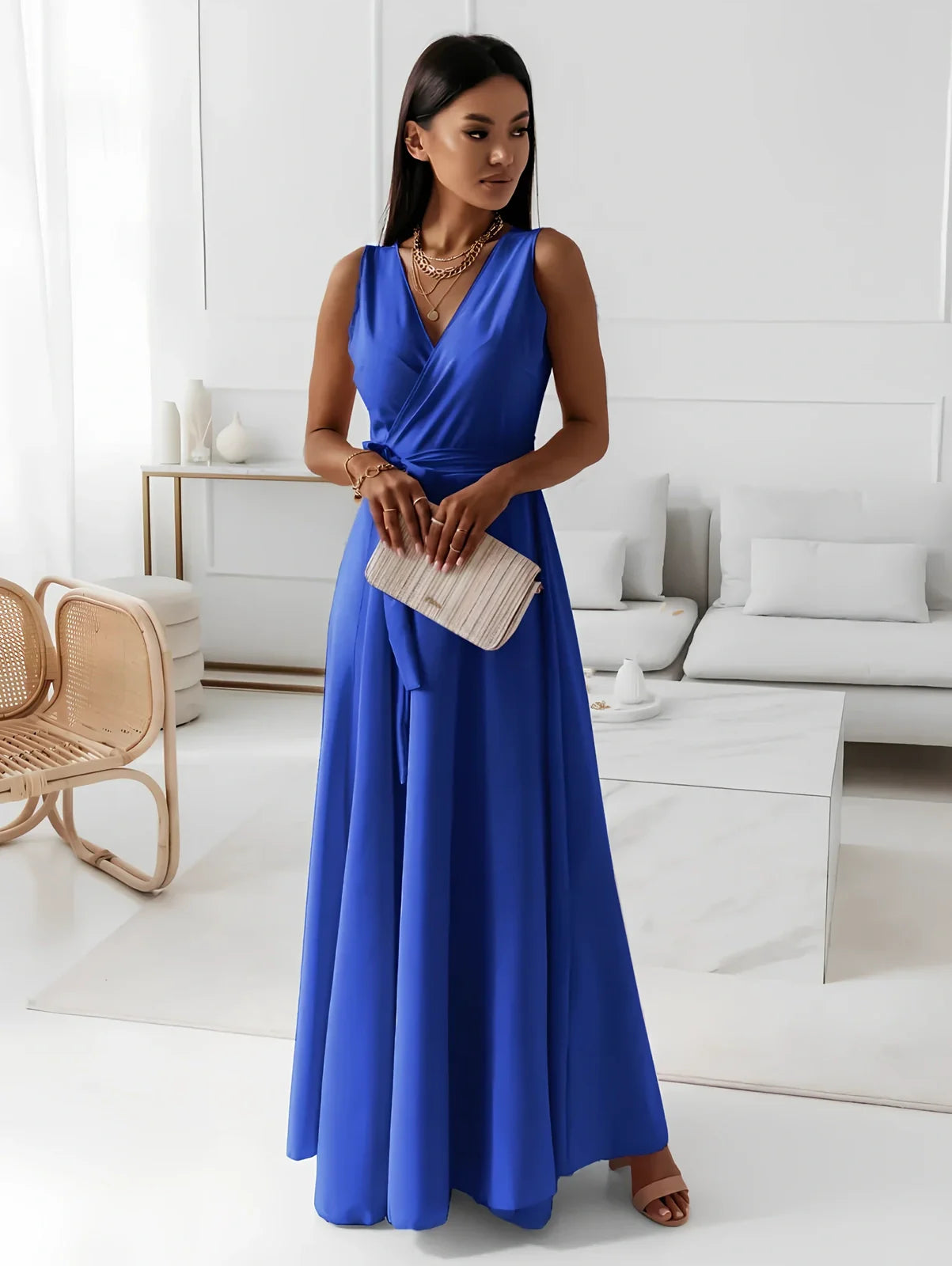 Women’s V-neck sleeveless maxi dress in navy blue with mid-waist belt, polyester fabric, length 144cm size M for party wear