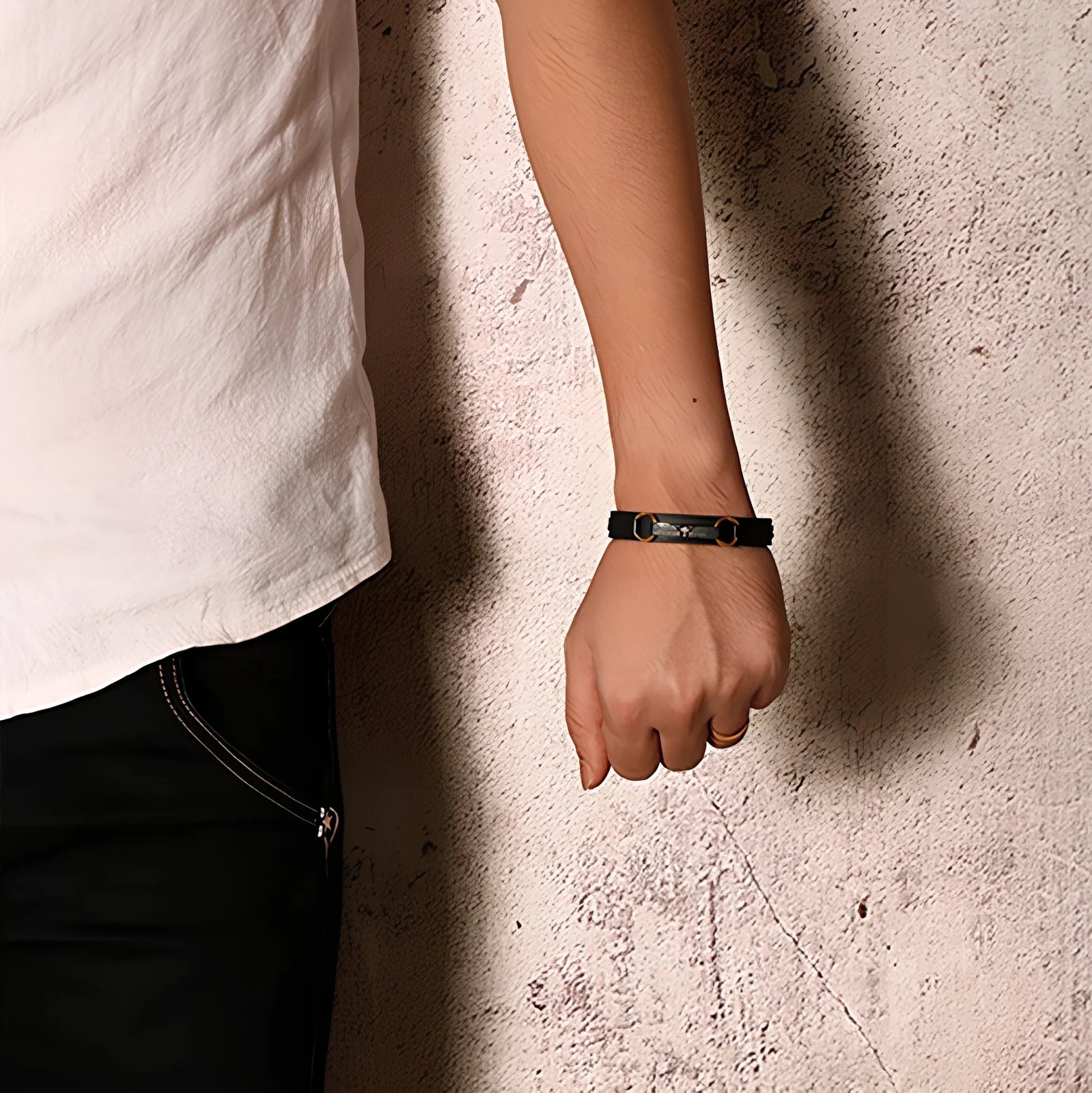 Unisex Bible verse leather bracelet in 18.5cm size with geometric stainless steel accents