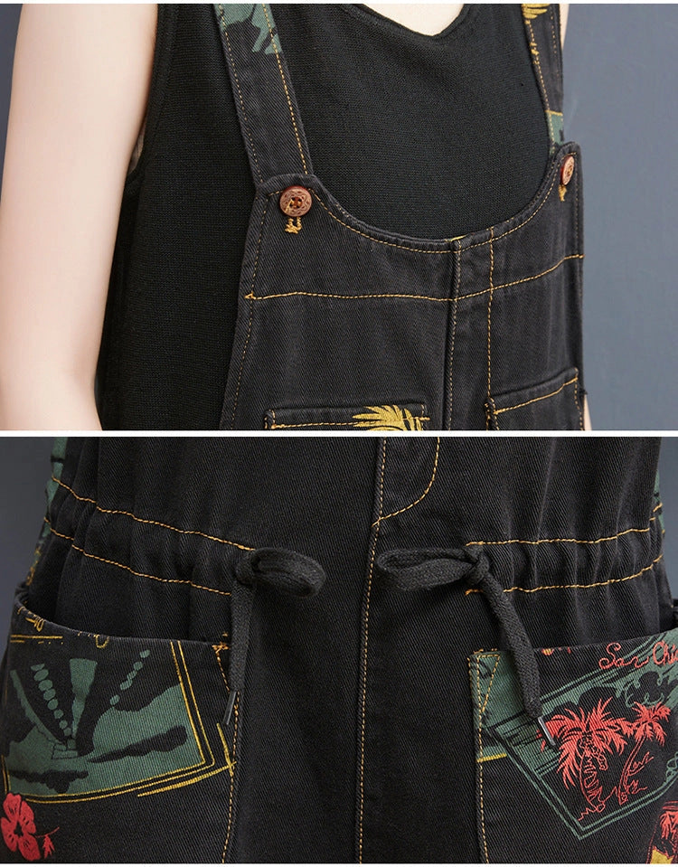 Plus size floral print suspender jeans in black and blue, made from durable denim cotton.