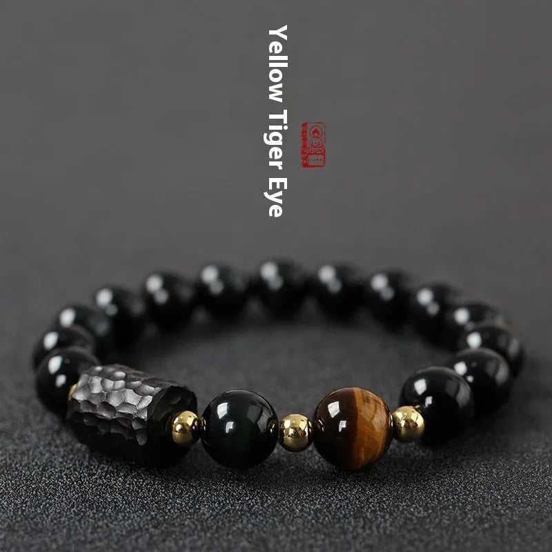 Handmade obsidian bracelet with red and yellow tiger eye stone beads