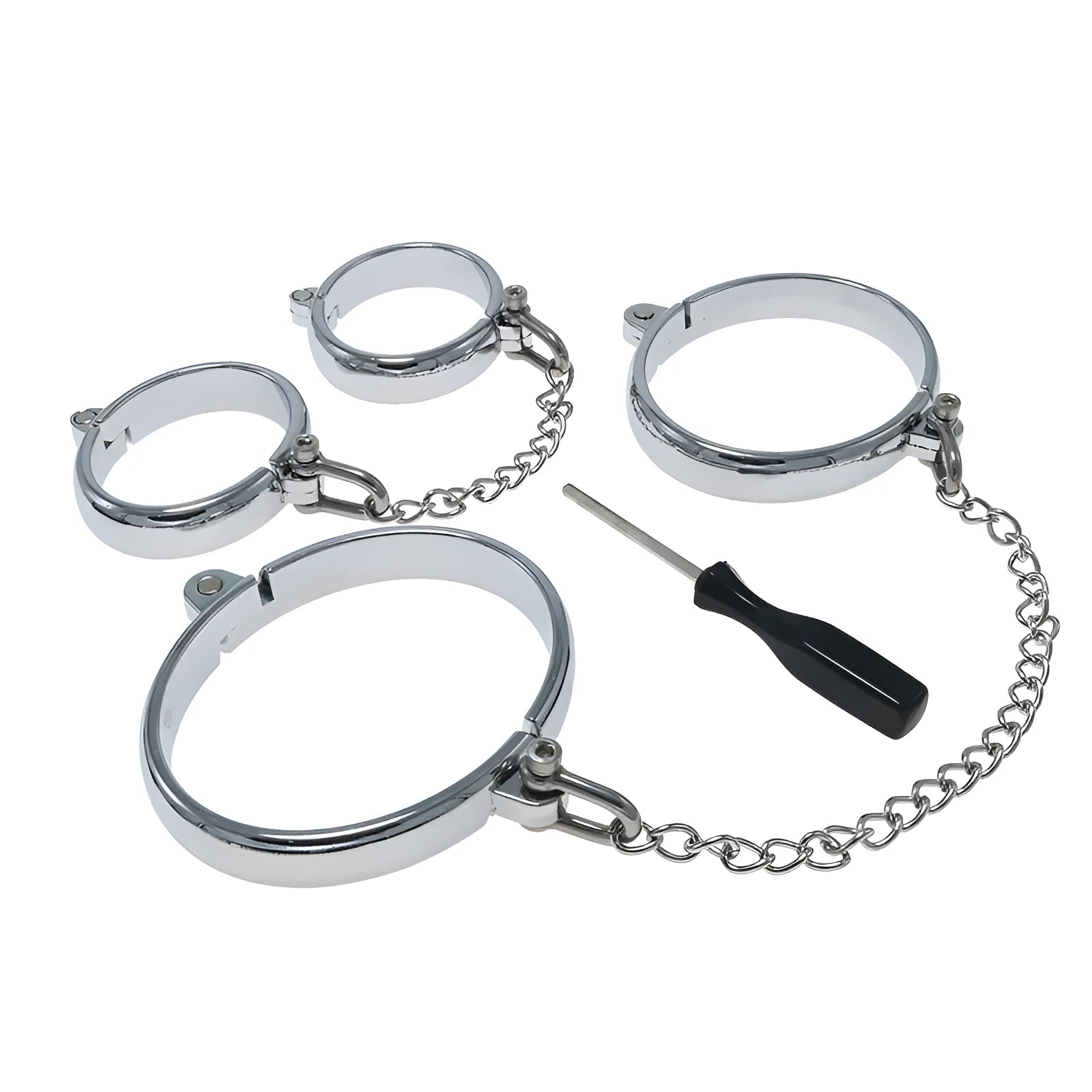 Silver zinc alloy handcuffs and footcuffs with stainless steel chain links bondage set