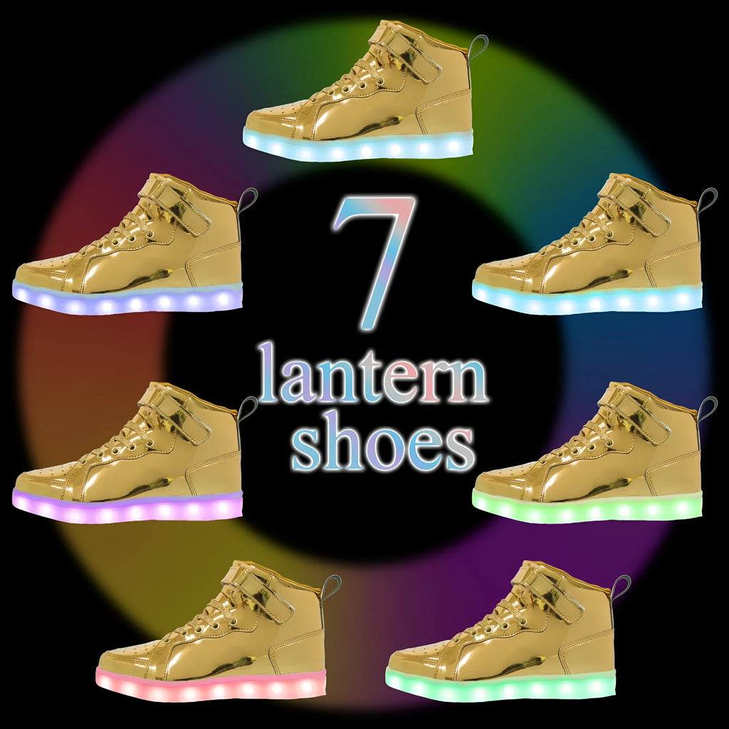 LED light-up high-top board shoes with Velcro strap in black, gold, or white on rubber sole