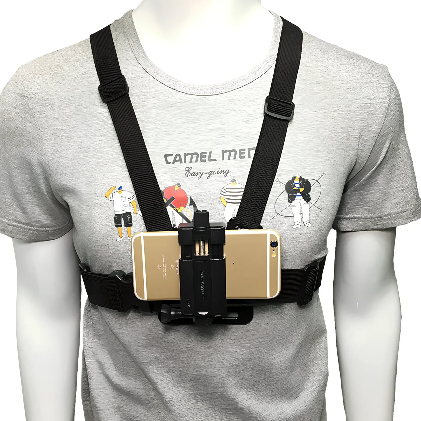 Black adjustable mobile phone chest mount harness with universal clip for 4-5.5 inch smartphones, 30x30cm size for outdoor activities