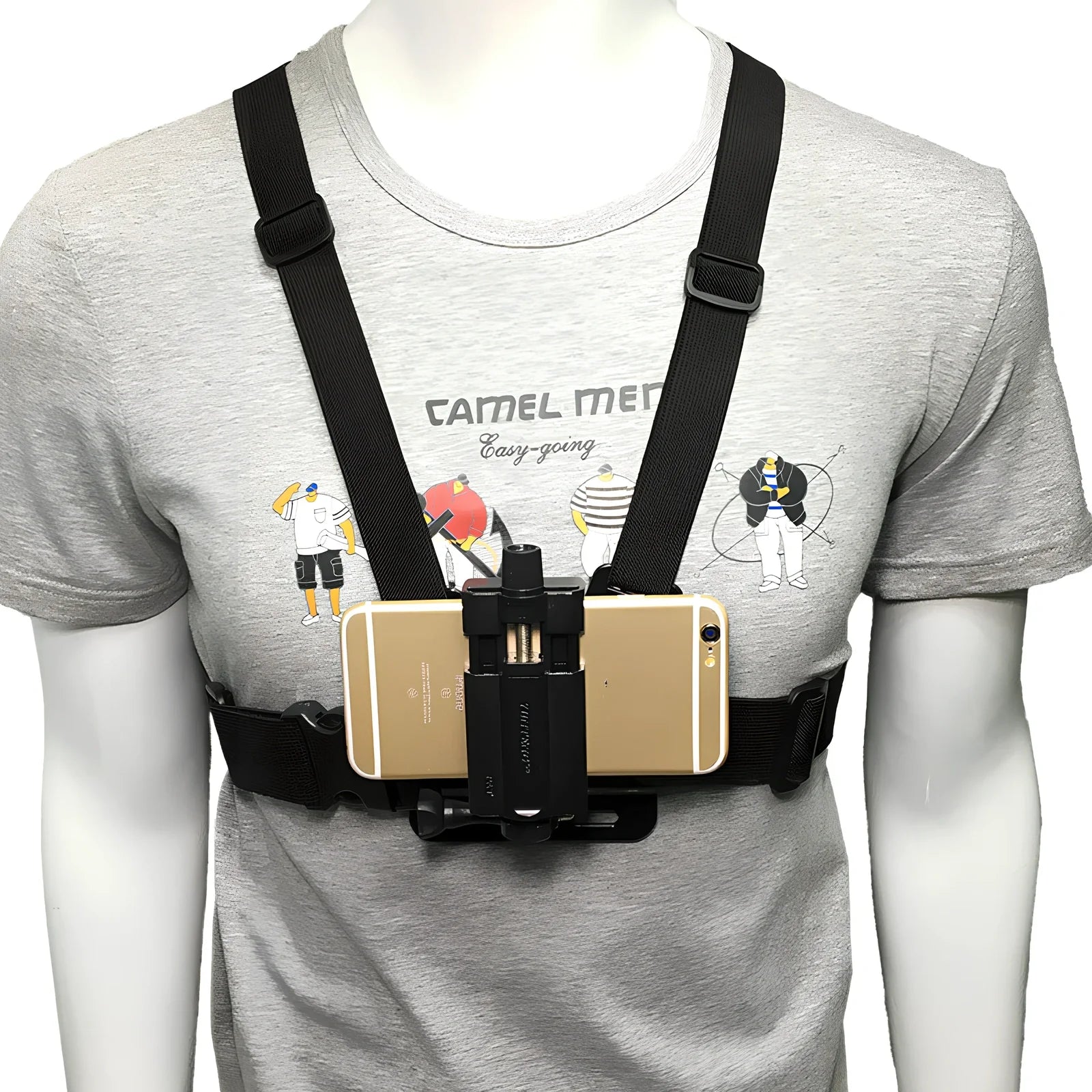 Black adjustable mobile phone chest mount harness with universal clip for 4-5.5 inch smartphones, 30x30cm size for outdoor activities