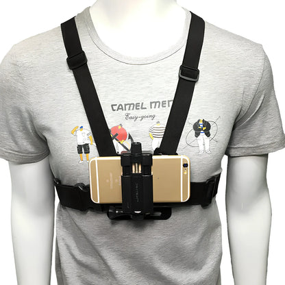 Black adjustable mobile phone chest mount harness with universal clip for 4-5.5 inch smartphones, 30x30cm size for outdoor activities