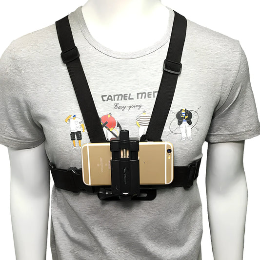 Black adjustable mobile phone chest mount harness with universal clip for 4-5.5 inch smartphones, 30x30cm size for outdoor activities