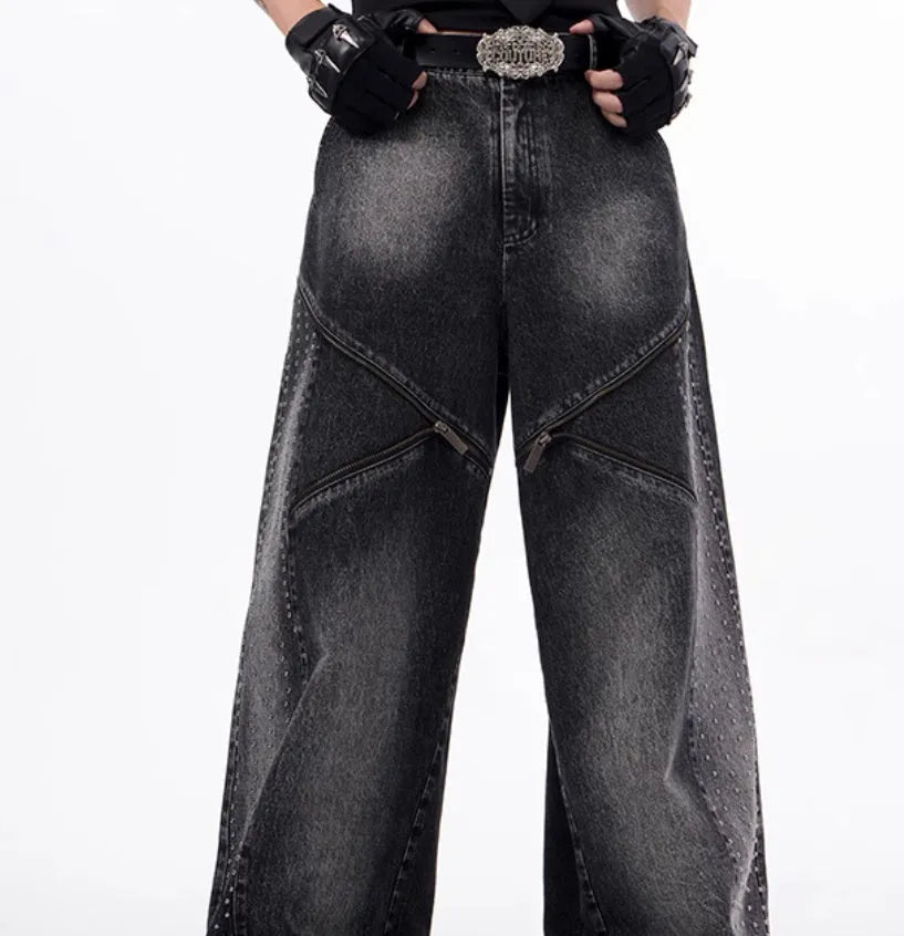 Black and grey washed wide leg pants with matching waistcoat, Korean style cotton denim set