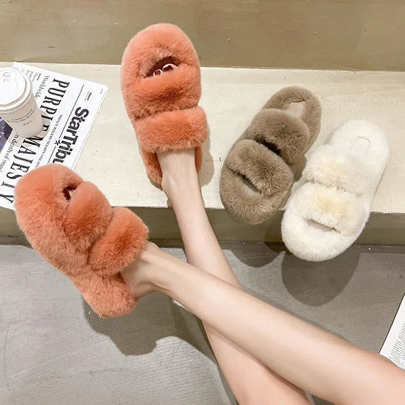 Women's fuzzy slippers in beige with faux fur upper and thick rubber sole, slip-on style for home use