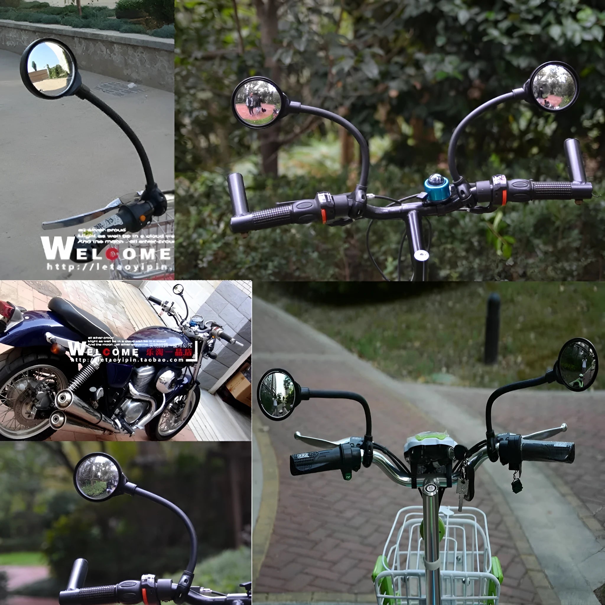 Black metal bicycle rearview mirror with hose adjustment system for handlebar or helmet mounting