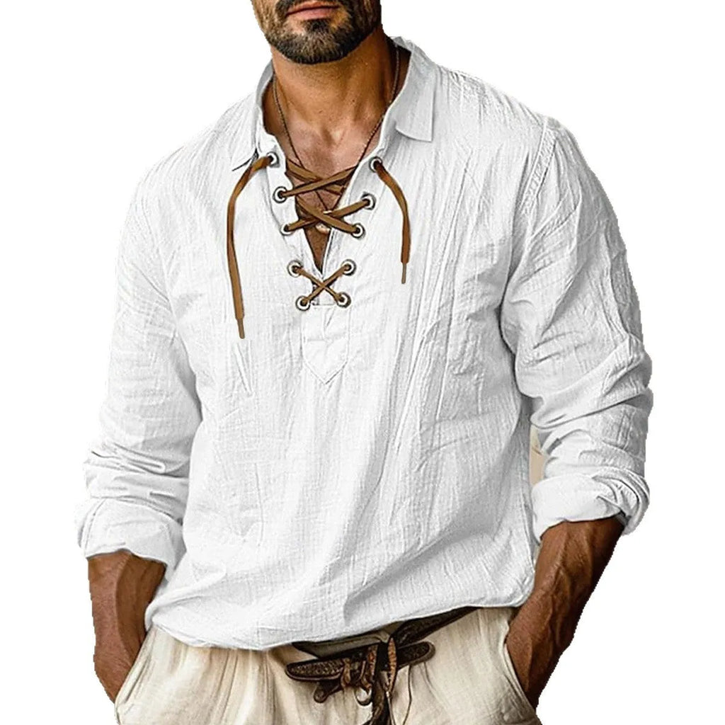Men's blue linen blend loose fit shirt with lace-up lapels and long sleeves.
